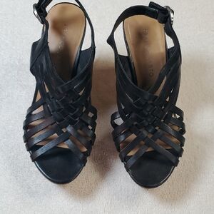 Franco Sarto Nicola Black & Tan Strappy Cork Wedges. Size 7